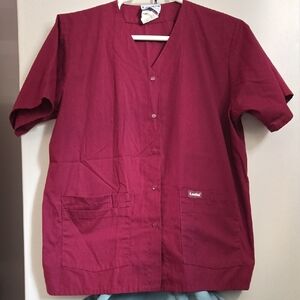 Landau Maroon Snap Front Women's Short Sleeve Scrub Top